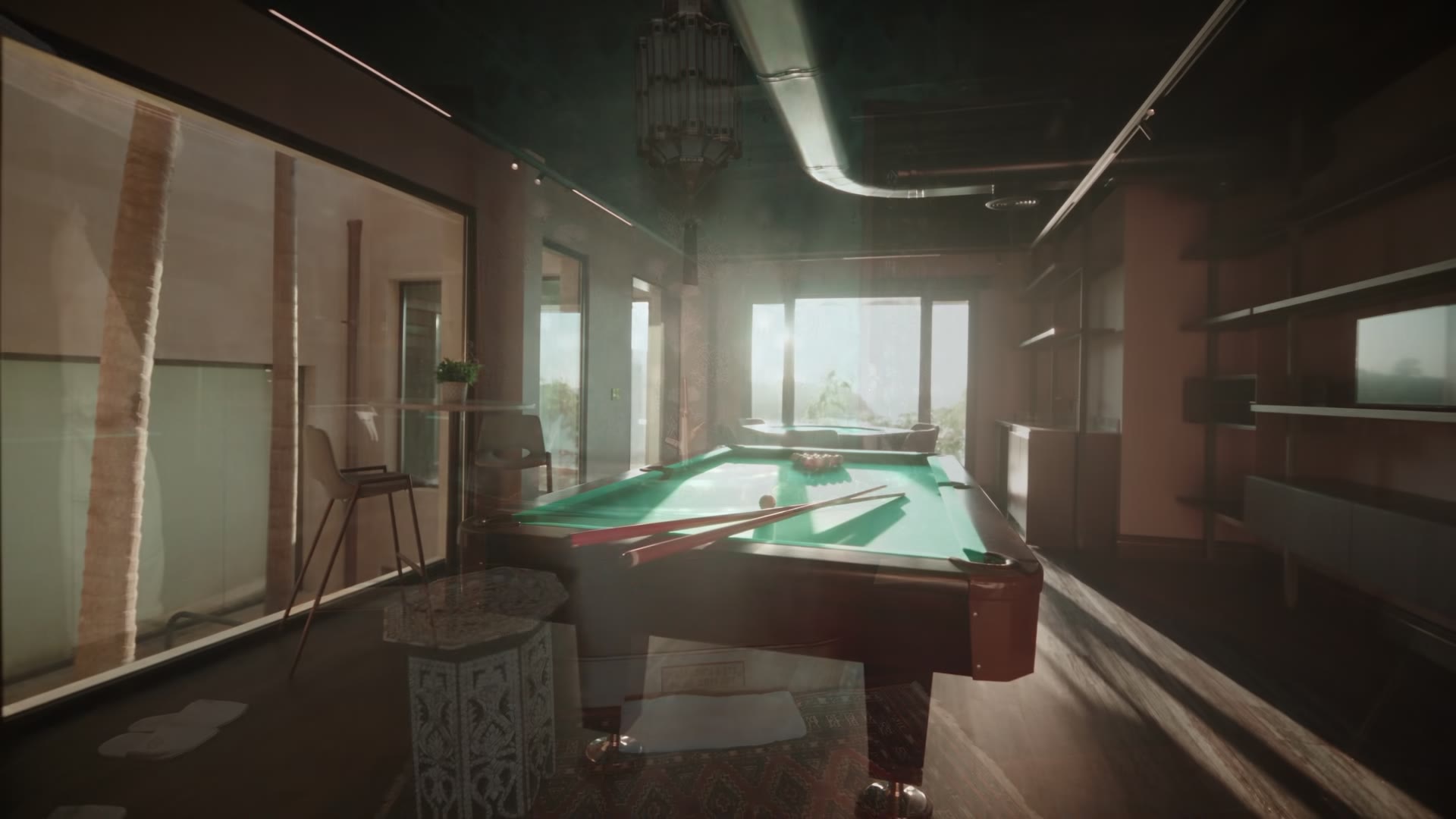 Pool table beside a sunlit window in The Hive property film