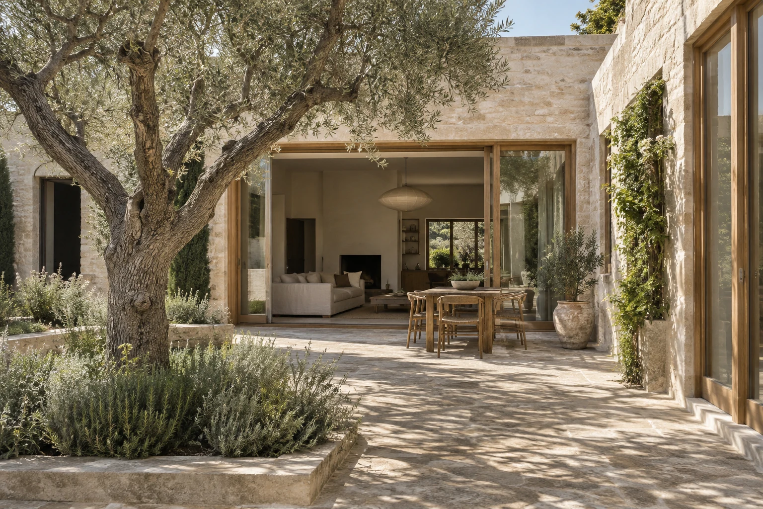 Natural light across a limestone courtyard and oak-framed living space